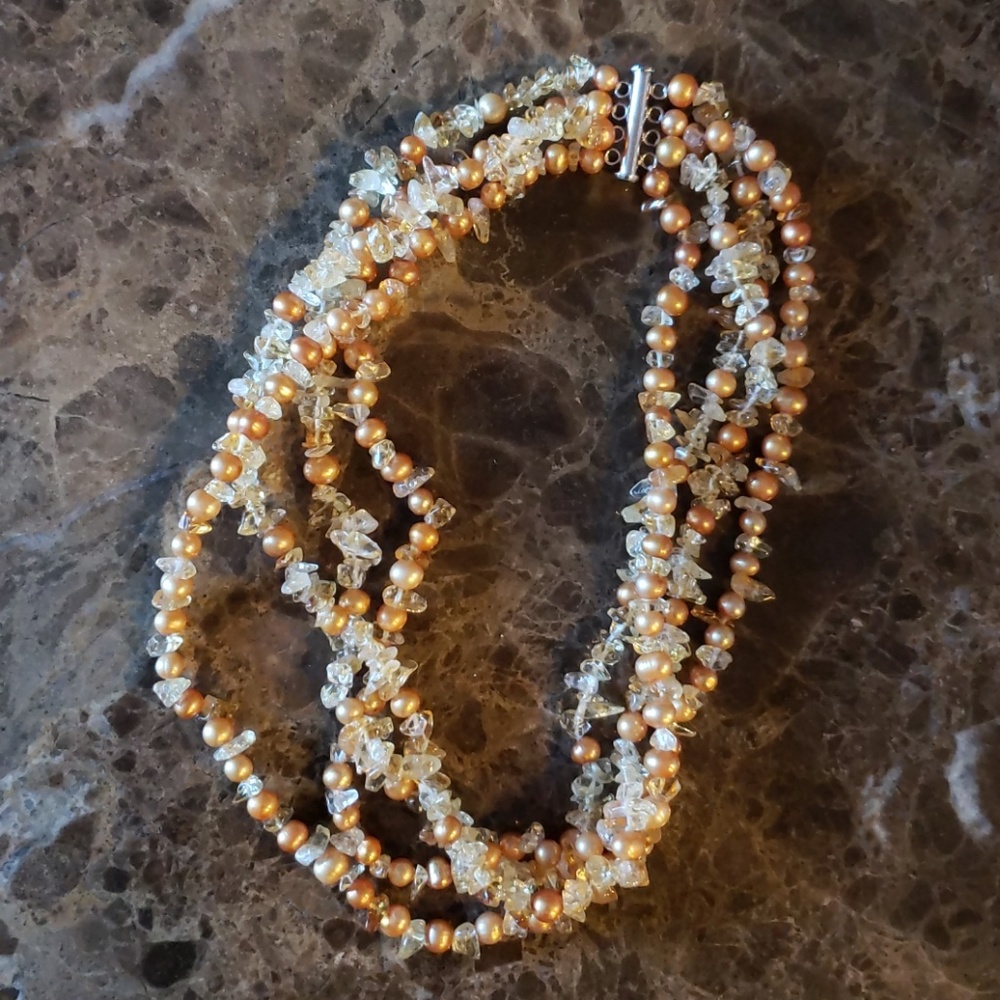 Four Strand Pearl & Citrine chip necklace